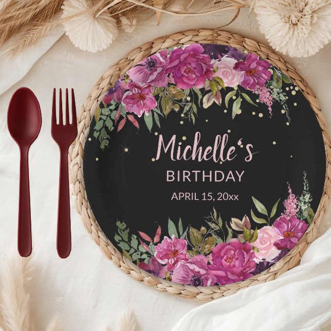 Plato De Papel Elegante Purpurina morado rosado floral negro cump (Pink and burgundy watercolor floral on black birthday party paper plate)