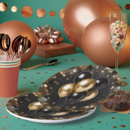 Plato De Papel Elegante Purpurina negro y oro Balón cumpleaños