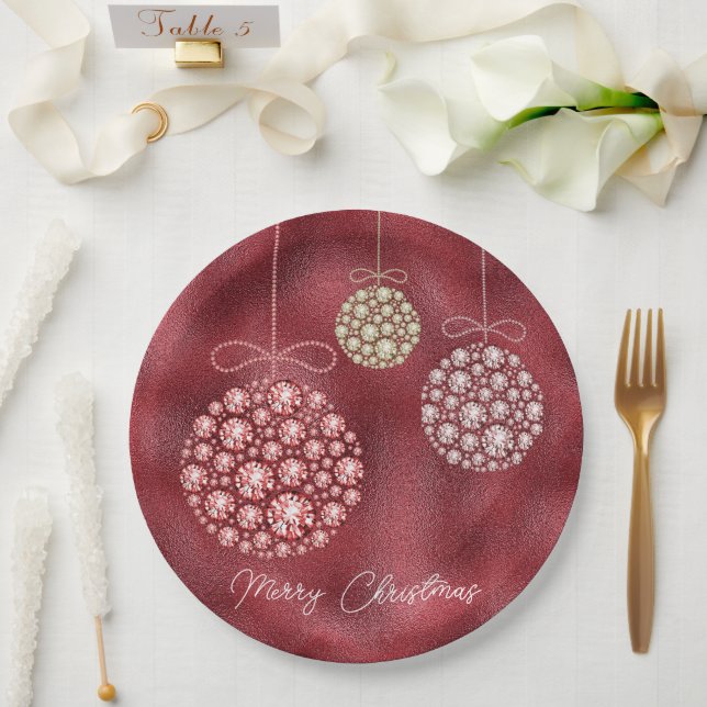 Plato De Papel Elegante Purpurina Rojo Ornamentos Feliz Navidad (Boda)