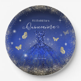 Plato De Papel Elegante Purpurina Royal Blue Gold Gown Quinceañer