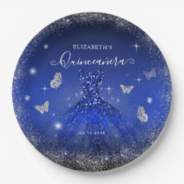 Plato De Papel Elegante Purpurina Royal Blue Silver Gown Quinceañ