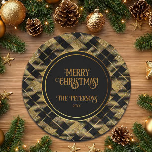 Plato De Papel Elegante Purpurina Tartan Black Gold