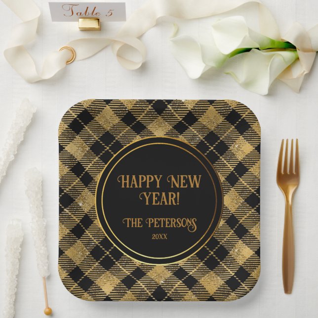 Plato De Papel Elegante Purpurina Tartan Black Gold (Boda)