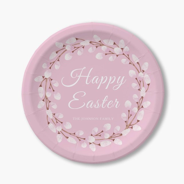 Plato De Papel Elegante Pussy Willow Feliz Pascua (Elegant Pink Pussy Willow Happy Easter Paper Plates)