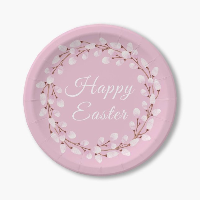 Plato De Papel Elegante Pussy Willow Feliz Pascua Pa (Elegant Pink Pussy Willow Happy Easter Pa Paper Plates)