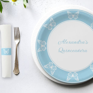 Plato De Papel Elegante Quinceañera azul claro - Mariposa elegant