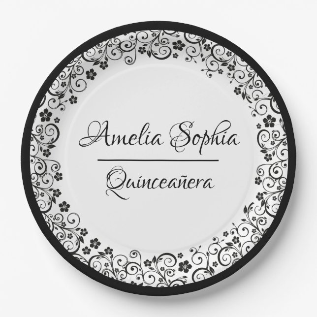 Plato De Papel Elegante Quinceañera Black Swirls en blanco (Anverso)