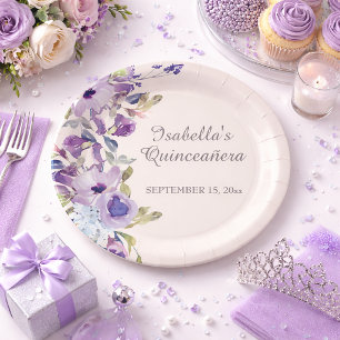 Plato De Papel Elegante Quinceañera Floral Horizontal Azul Lila