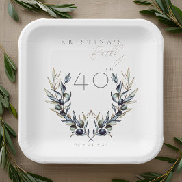 Plato De Papel Elegante rama de acuarela de oliva CUALQUIER cumpl