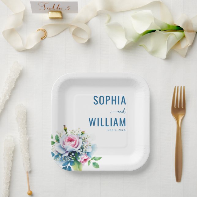 Plato De Papel Elegante ramo floral pastel (Boda)