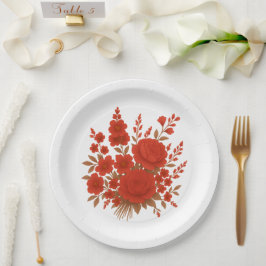 Plato De Papel Elegante ramo floral rojo con rosas románticas