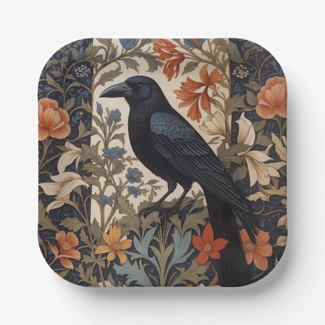 Plato De Papel Elegante Raven Negro William Morris Inspirado Flor (Anverso)