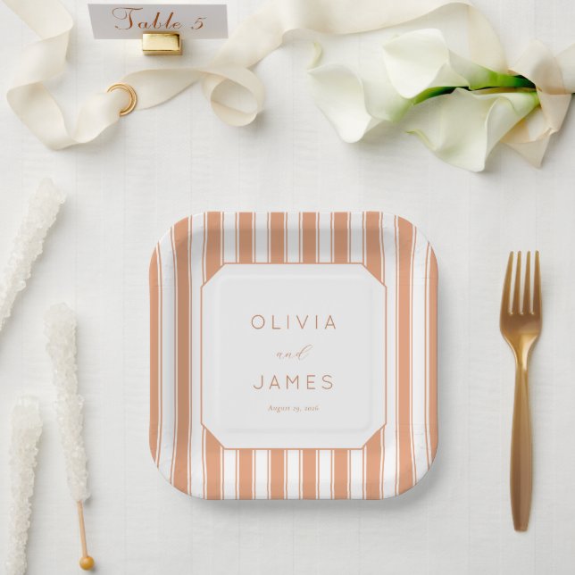 Plato De Papel Elegante Rayado Geométrico de Melocotón (Boda)