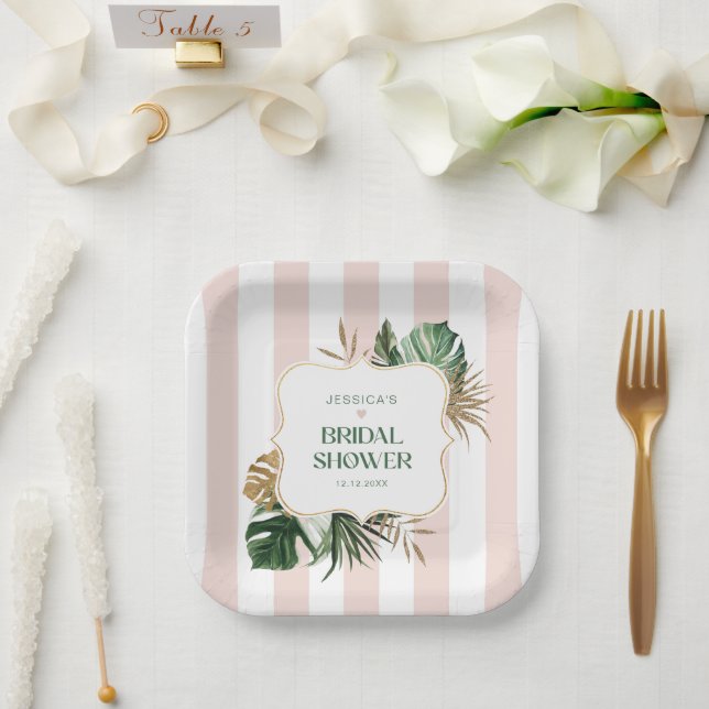 Plato De Papel Elegante rayas rosadas chiringuitos tropicales duc (Boda)