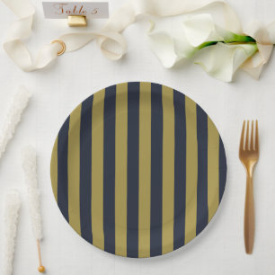 Plato De Papel Elegante rayas verticales de oro y marina azul