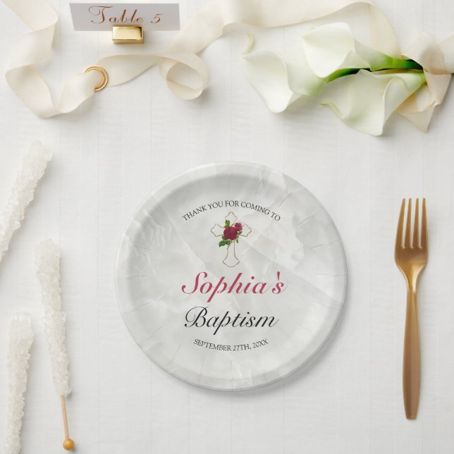 Plato De Papel Elegante recepción de Baptismo con Oro de Mármol (Boda)