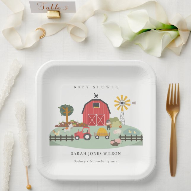 Plato De Papel Elegante Red Barnyard Farm Animal Baby Shower (Boda)