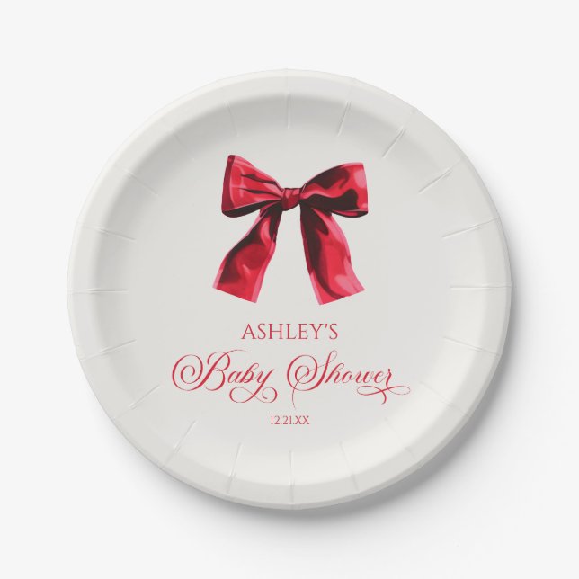 Plato De Papel Elegante Red Coquette Bow Baby Shower (Anverso)