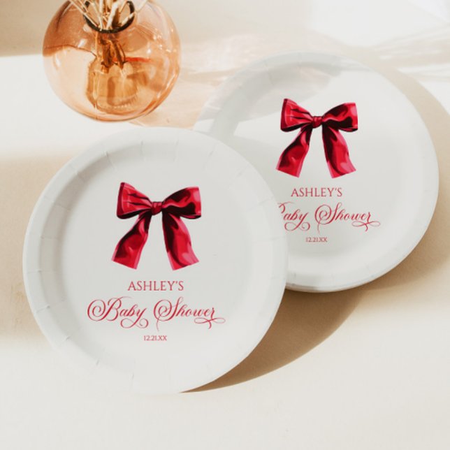 Plato De Papel Elegante Red Coquette Bow Baby Shower (Subido por el creador)