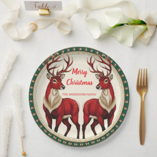 Plato De Papel Elegante Red Reindeer Moose Gold Nochebuena