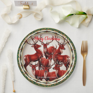 Plato De Papel Elegante Red Reindeer Moose Gold Nochebuena
