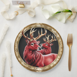 Plato De Papel Elegante Red Reindeer Moose Gold Nochebuena
