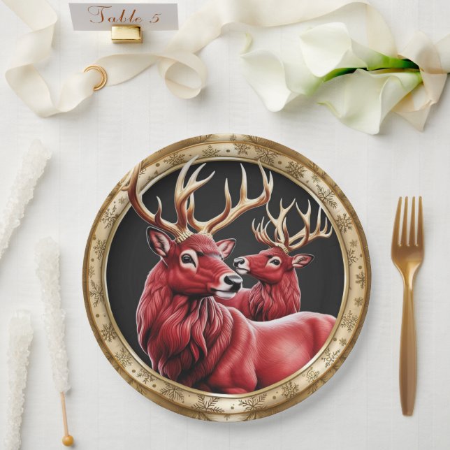 Plato De Papel Elegante Red Reindeer Moose Gold Nochebuena (Boda)
