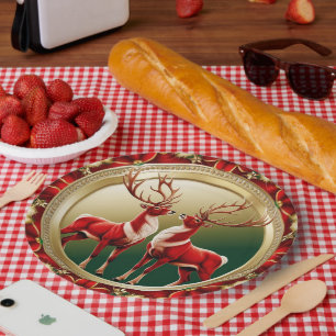 Plato De Papel Elegante Red Reindeer Moose Gold Nochebuena