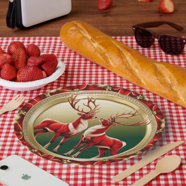 Plato De Papel Elegante Red Reindeer Moose Gold Nochebuena (Picnic)