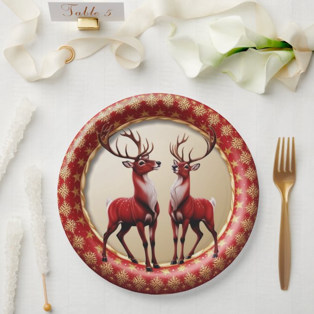 Plato De Papel Elegante Red Reindeer Moose Gold Nochebuena (Boda)
