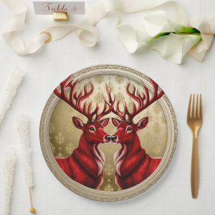 Plato De Papel Elegante Red Reindeer Moose Gold Nochebuena