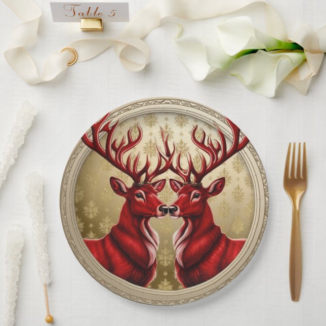 Plato De Papel Elegante Red Reindeer Moose Gold Nochebuena (Boda)