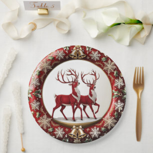 Plato De Papel Elegante Red Reindeer Moose Gold Nochebuena