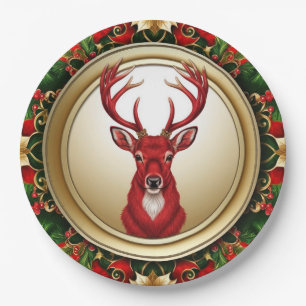 Plato De Papel Elegante Red Reindeer Moose Gold Nochebuena