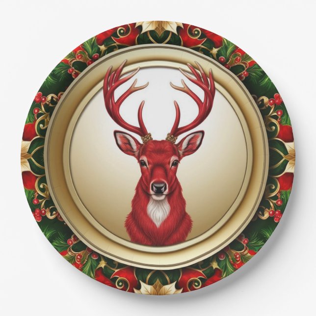 Plato De Papel Elegante Red Reindeer Moose Gold Nochebuena (Anverso)