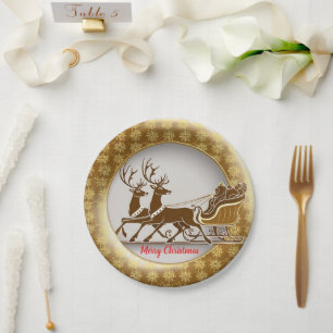 Plato De Papel Elegante Red Reindeer Sled Gold Snow Feliz Navidad