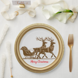 Plato De Papel Elegante Red Reindeer Sled Gold Snow Feliz Navidad