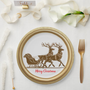 Plato De Papel Elegante Red Reindeer Sled Gold Snow Feliz Navidad