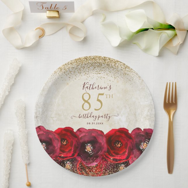 Plato De Papel Elegante Red Rose Floral Gold Fiesta de Cumpleaños (Boda)