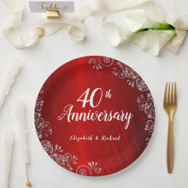 Plato De Papel Elegante Red Swirl 40° Aniversario