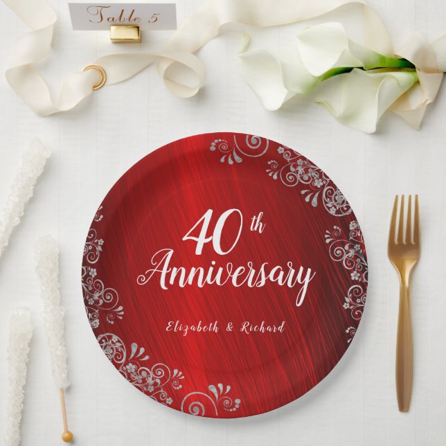 Plato De Papel Elegante Red Swirl 40° Aniversario (Boda)