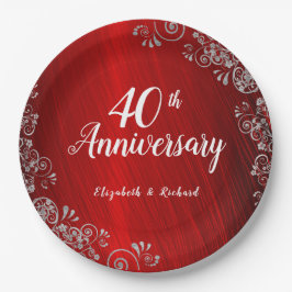Plato De Papel Elegante Red Swirl 40° Aniversario