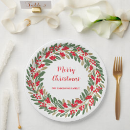 Plato De Papel Elegante Red Wreath Holly Berries Navidades Green