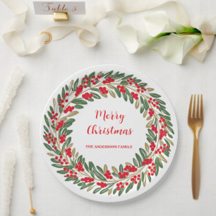 Plato De Papel Elegante Red Wreath Holly Berries Navidades Green