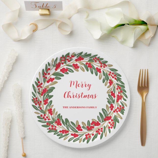 Plato De Papel Elegante Red Wreath Holly Berries Navidades Green (Boda)