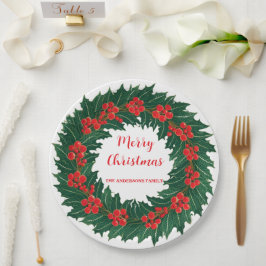 Plato De Papel Elegante Red Wreath Holly Berries Navidades Green