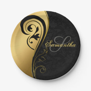 Plato De Papel Elegante, Relieve metalizado dorado, remolinos, da
