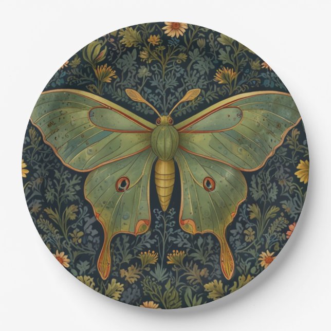 Plato De Papel Elegante retro boho Luna moth botánico (Anverso)