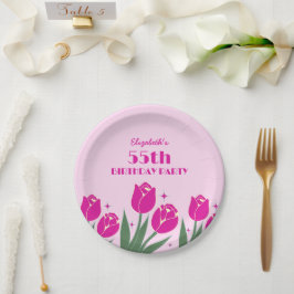 Plato De Papel Elegante retro Tulip Floral Aniversario rosa