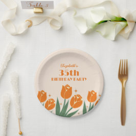 Plato De Papel Elegante retro Tulip Floral Naranja Cumpleaños